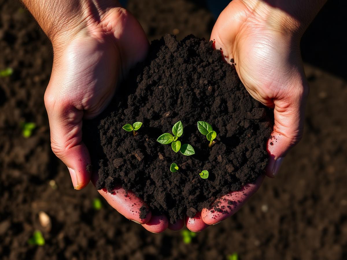 Healthy soil with seedlings cupped in farmer's hands